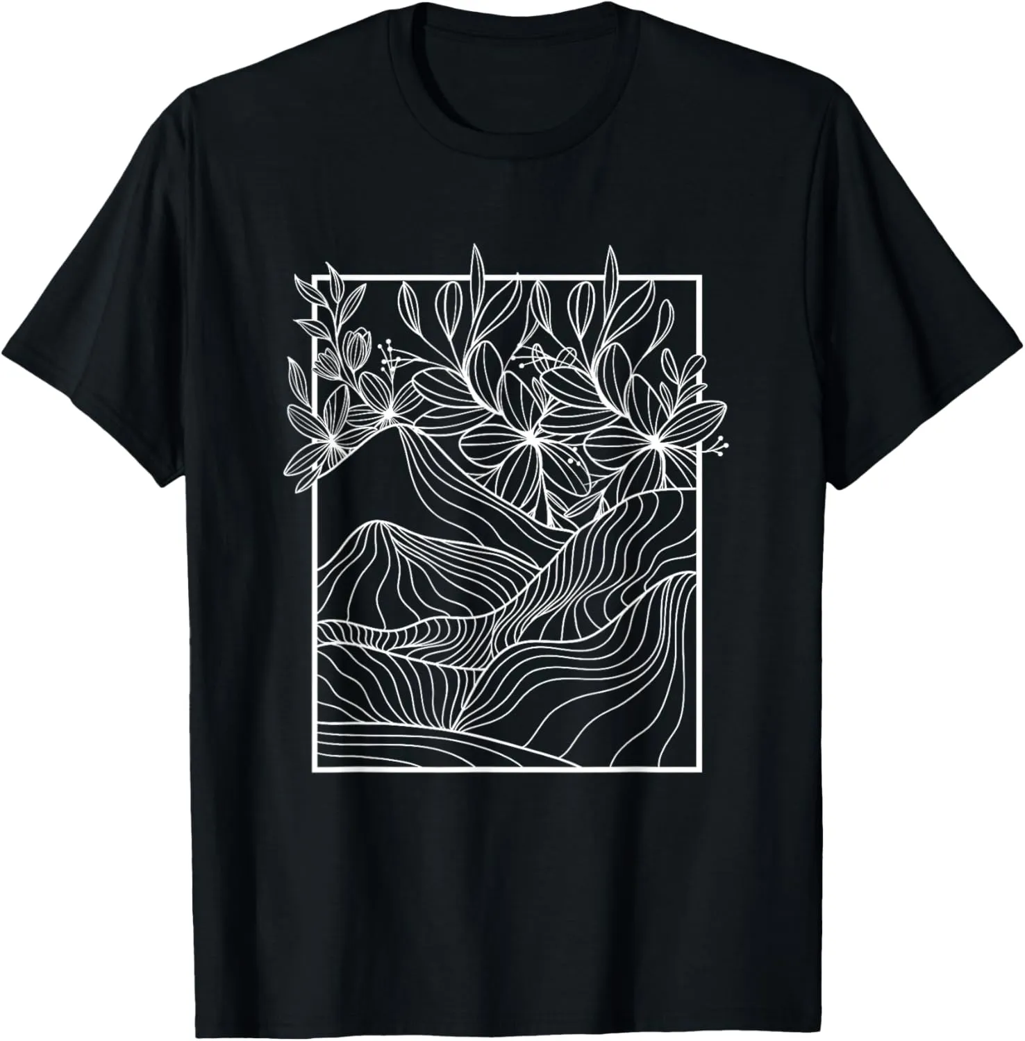 Abstract Mountain Landscape Flowers Line Art T-Shirt