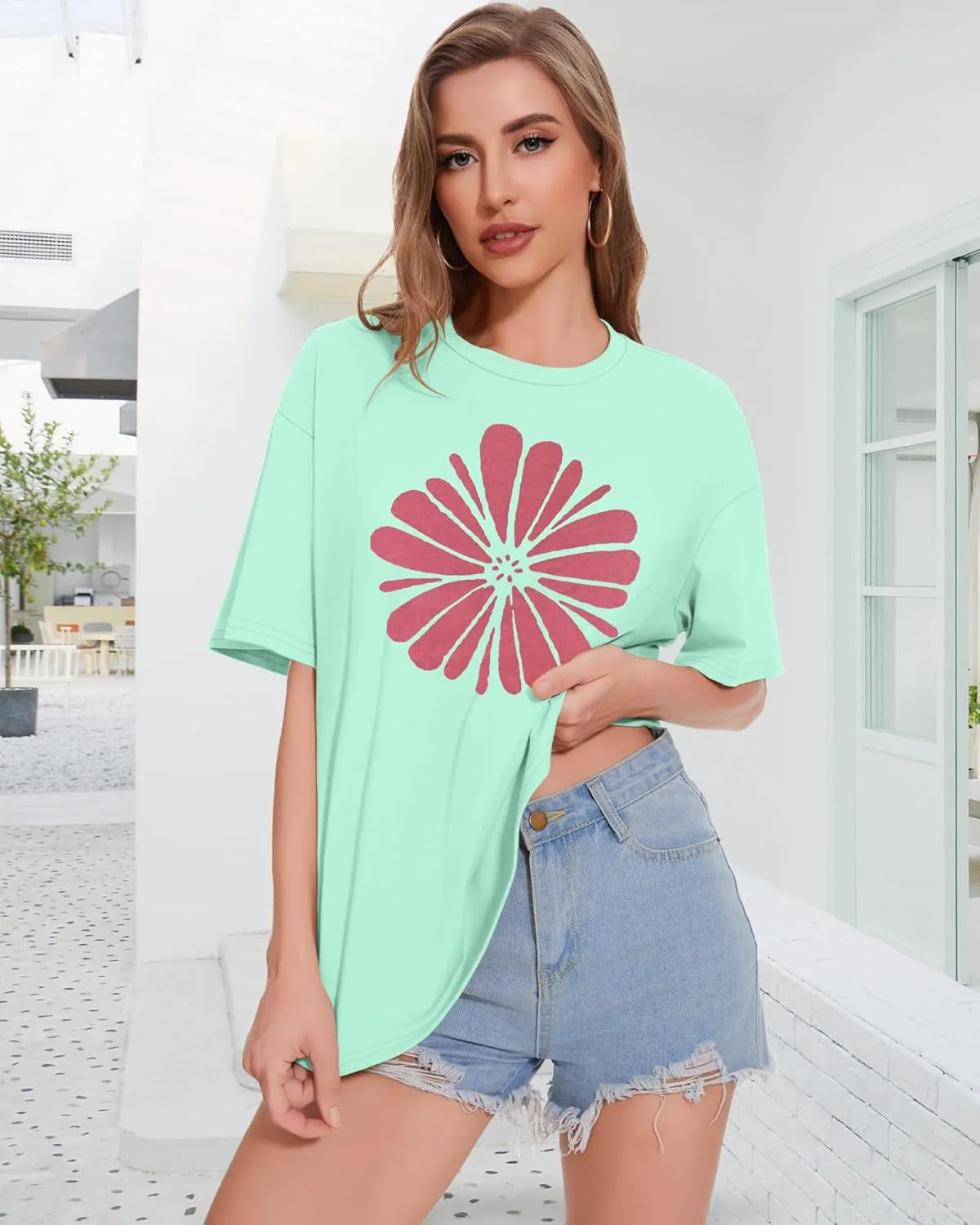 ADOREJOY Oversized Tshirts for Women Crewneck Summer Short Sleeve Loose Graphic Basic Tees