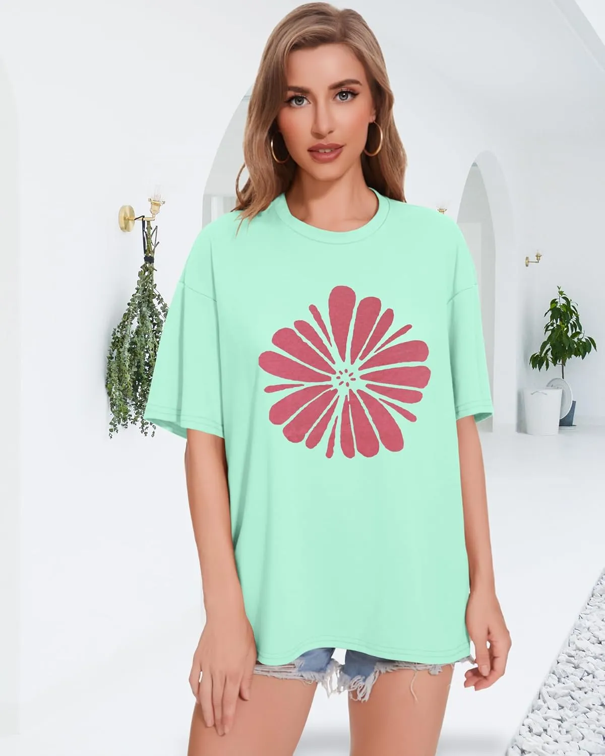 ADOREJOY Oversized Tshirts for Women Crewneck Summer Short Sleeve Loose Graphic Basic Tees