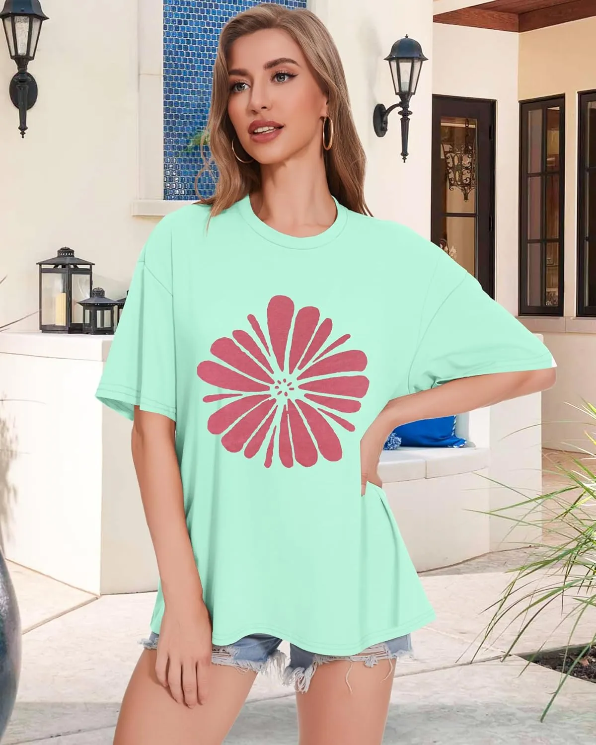 ADOREJOY Oversized Tshirts for Women Crewneck Summer Short Sleeve Loose Graphic Basic Tees