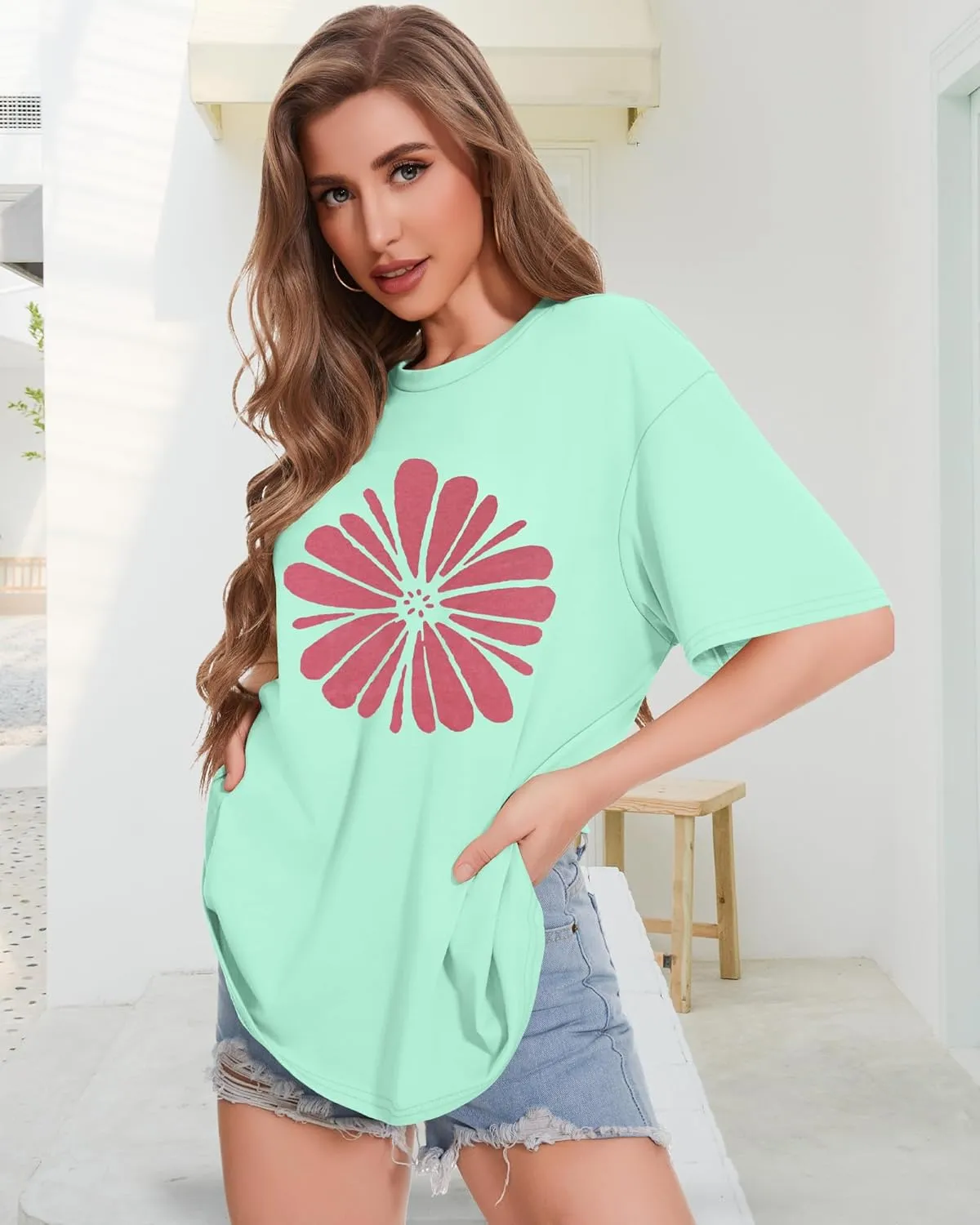 ADOREJOY Oversized Tshirts for Women Crewneck Summer Short Sleeve Loose Graphic Basic Tees