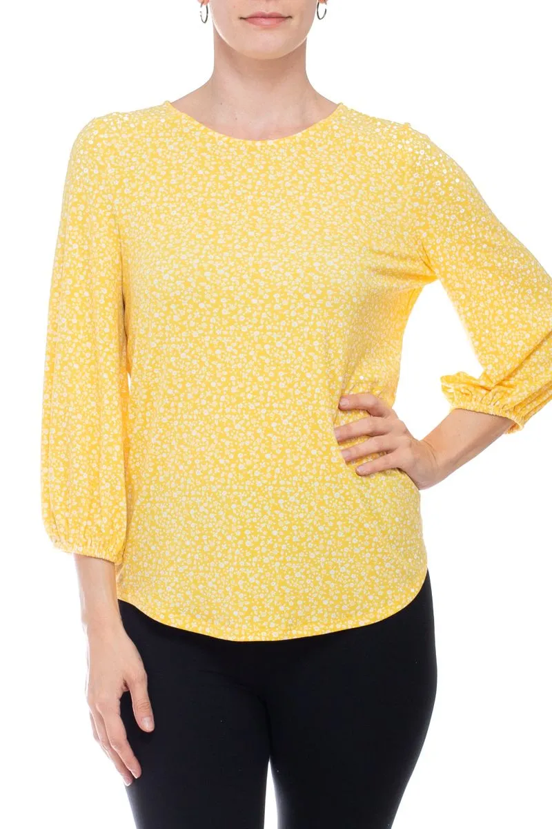 Adrianna Papell Crew Neck Long Sleeve Elastic Cuff Multi Print Keyhole Back Button Closure Knit Top