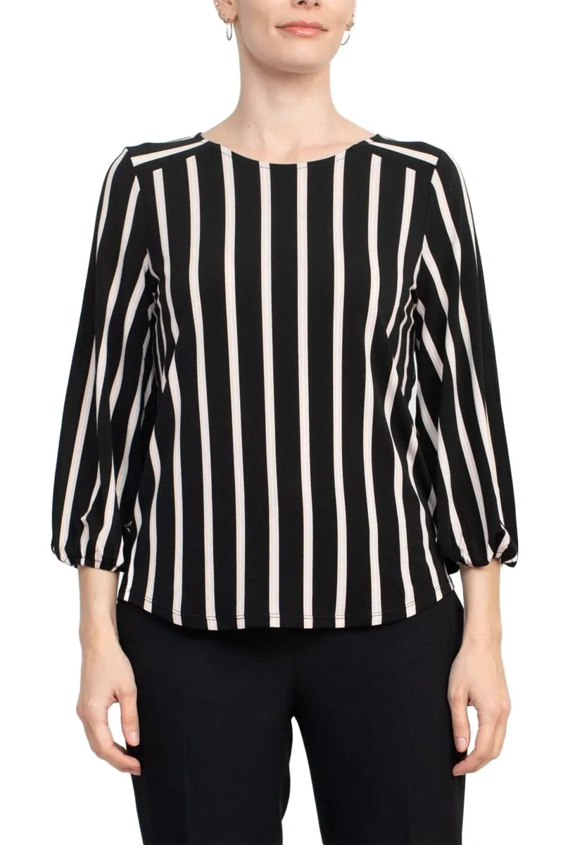 Adrianna Papell Crew Neck Long Sleeve Elastic Cuff Multi Print Keyhole Back Button Closure Knit Top