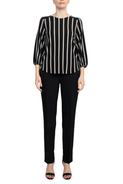 Adrianna Papell Crew Neck Long Sleeve Elastic Cuff Multi Print Keyhole Back Button Closure Knit Top