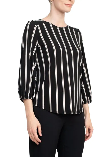 Adrianna Papell Crew Neck Long Sleeve Elastic Cuff Multi Print Keyhole Back Button Closure Knit Top