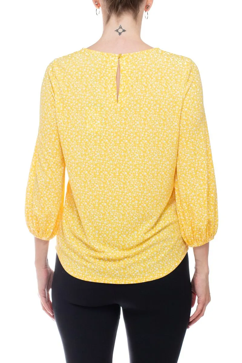 Adrianna Papell Crew Neck Long Sleeve Elastic Cuff Multi Print Keyhole Back Button Closure Knit Top