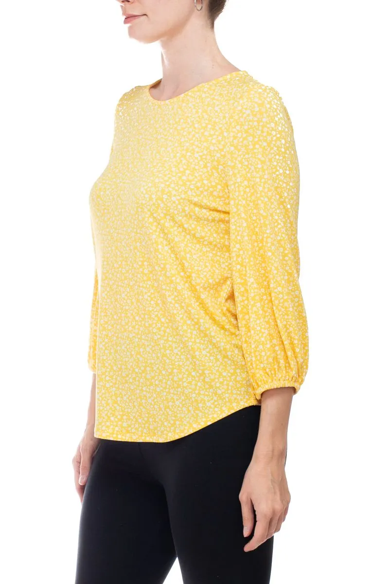 Adrianna Papell Crew Neck Long Sleeve Elastic Cuff Multi Print Keyhole Back Button Closure Knit Top