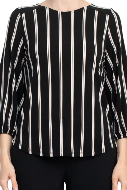 Adrianna Papell Crew Neck Long Sleeve Elastic Cuff Multi Print Keyhole Back Button Closure Knit Top
