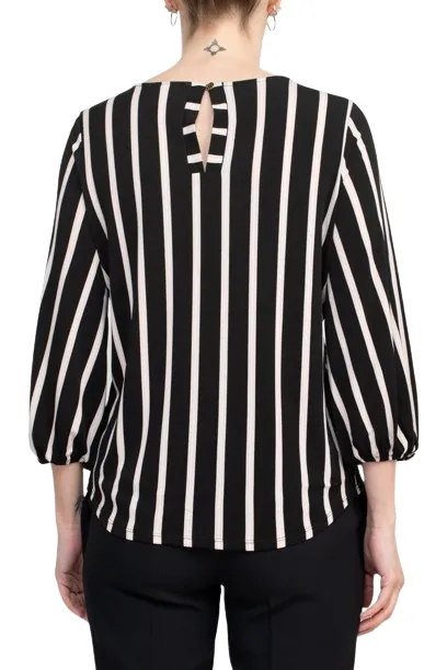 Adrianna Papell Crew Neck Long Sleeve Elastic Cuff Multi Print Keyhole Back Button Closure Knit Top