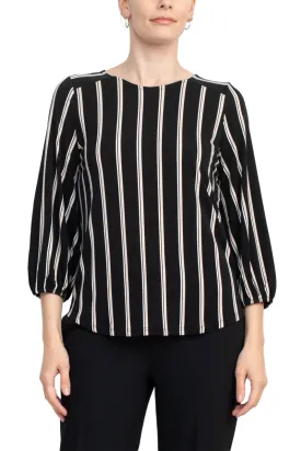 Adrianna Papell Crew Neck Long Sleeve Elastic Cuff Multi Print Keyhole Back Button Closure Knit Top