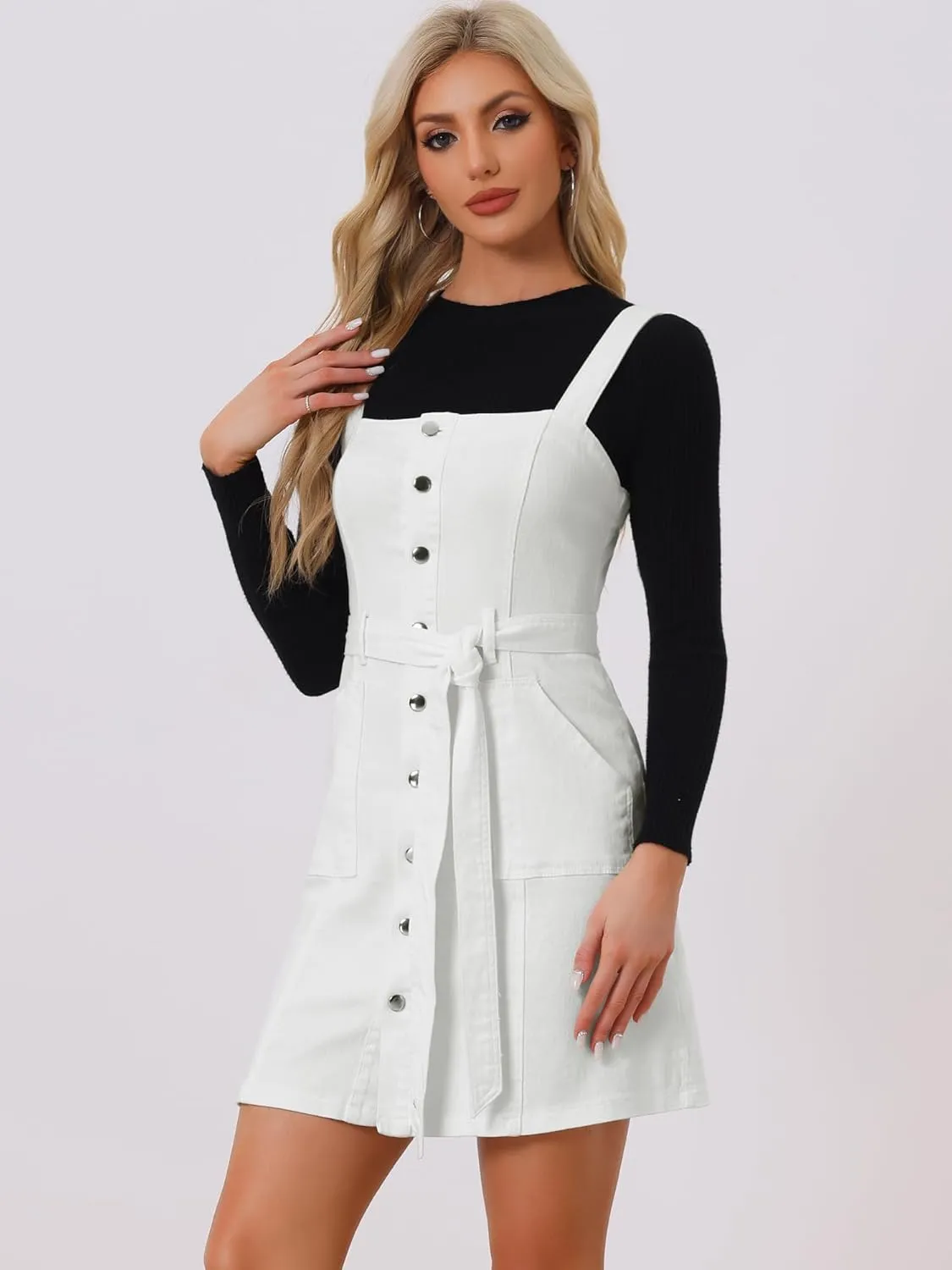 Allegra K Women's Classic Overall Dresses Adjustable Strap Pinafore Denim Jean Dress