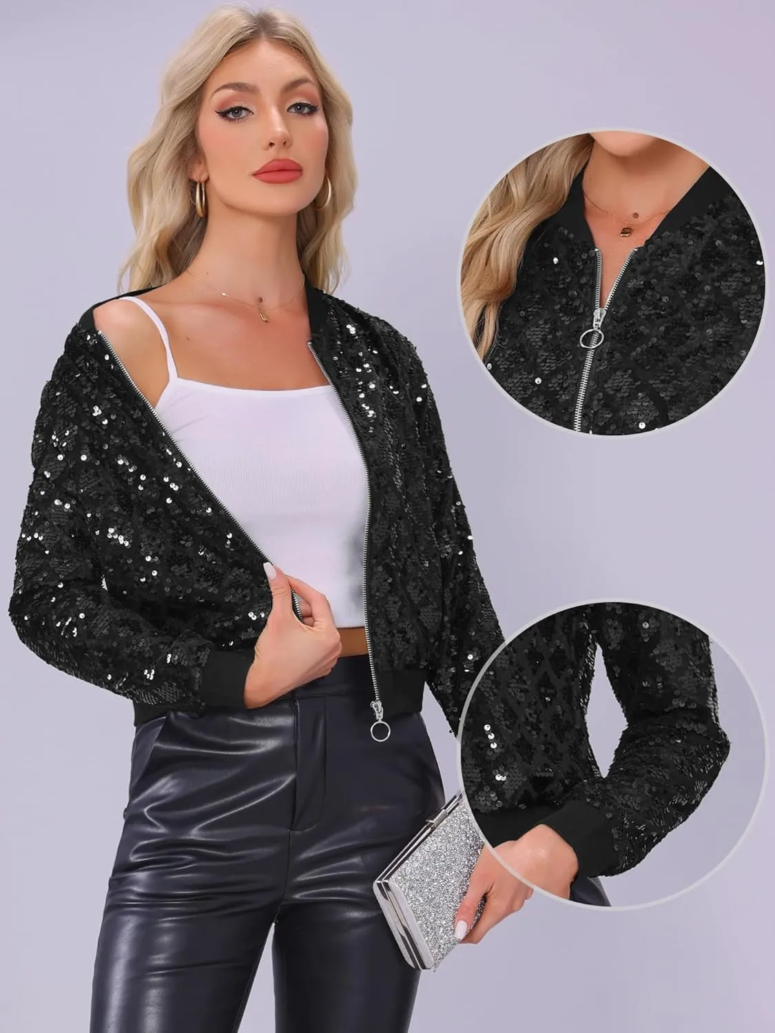 Allegra K Women's Sequin Long Sleeve Zip Up Cropped Glitter Party Sparkly Bomber Jacket