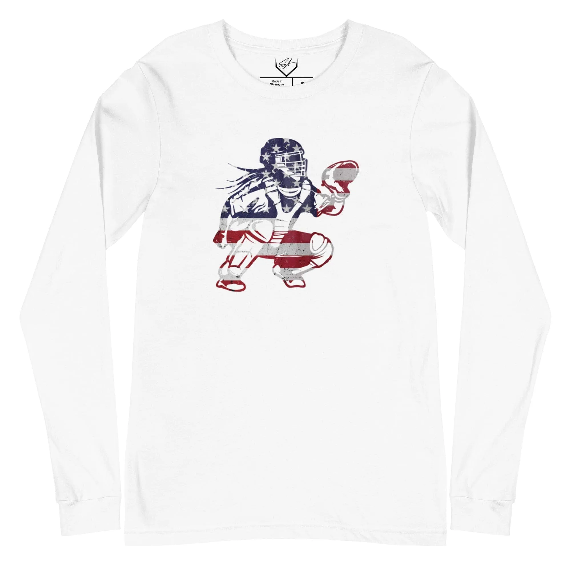 American Flag Softball  Catcher - Adult Long Sleeve