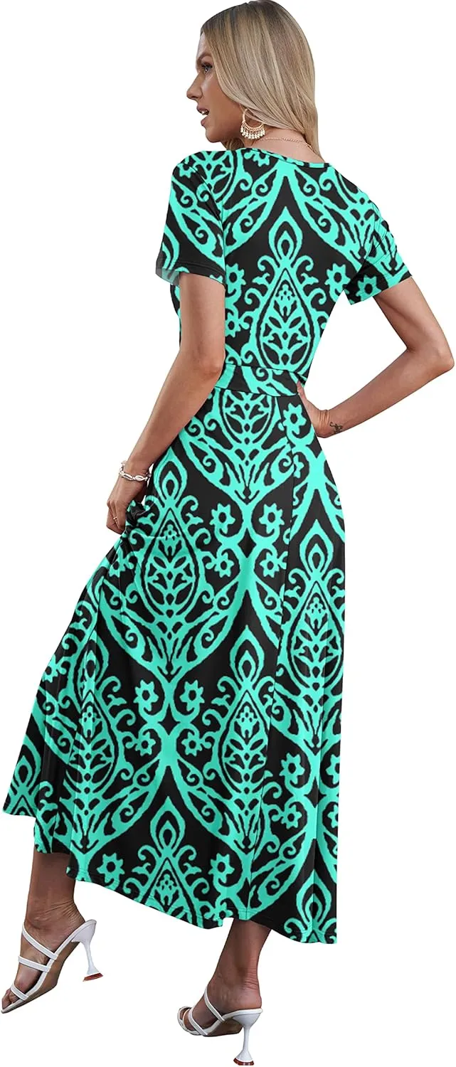 AUSELILY Maxi Dresses for Women Ankle Length Floral Print Beach Long Flowy Dress with Pockets