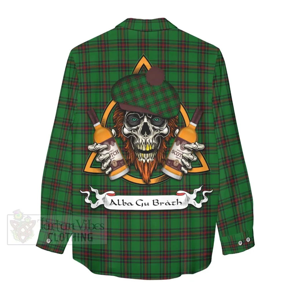 Beveridge Tartan Women's Casual Shirt with Family Crest and Bearded Skull Holding Bottles of Whiskey