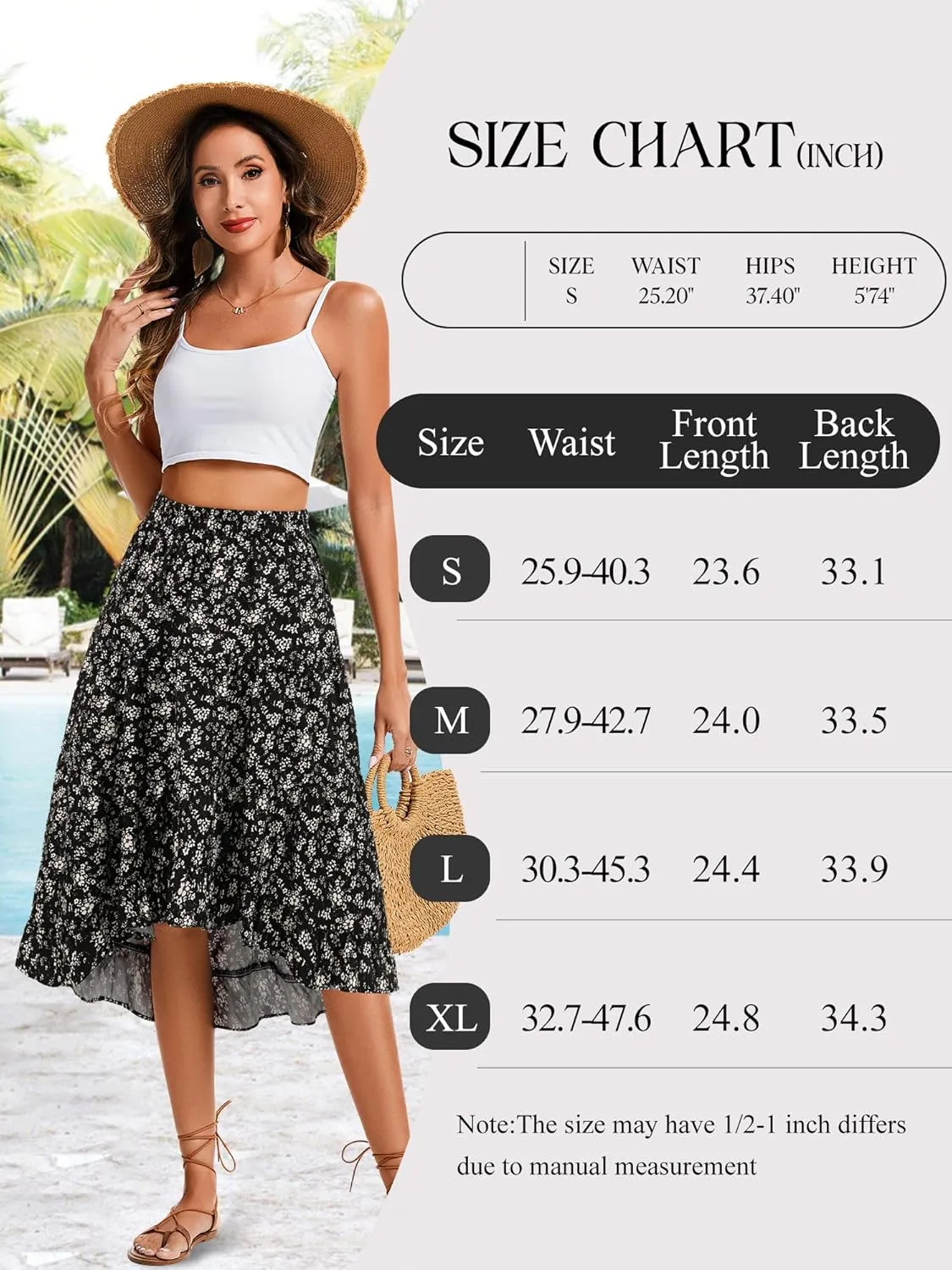 Boho Midi Skirt for Women Floral Long Summer Beach Skirts Elastic High Waist Casual Flowy Skirt High Low Hem