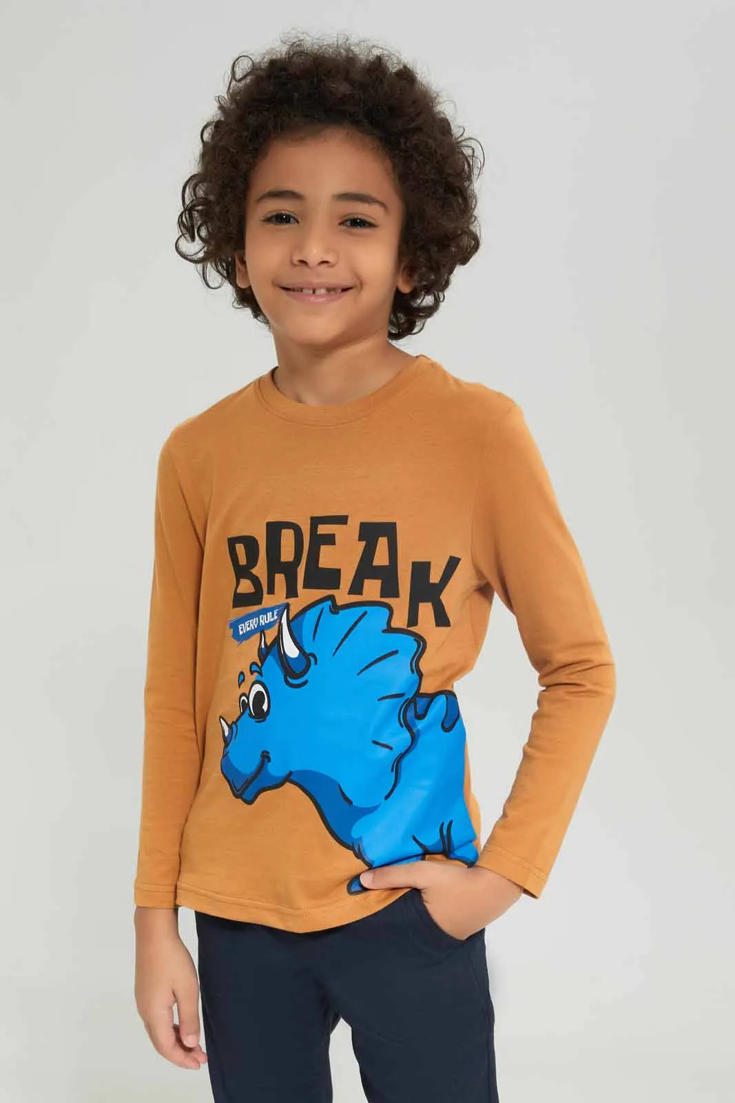 Boys Brown Dino Print Long Sleeves T-Shirt