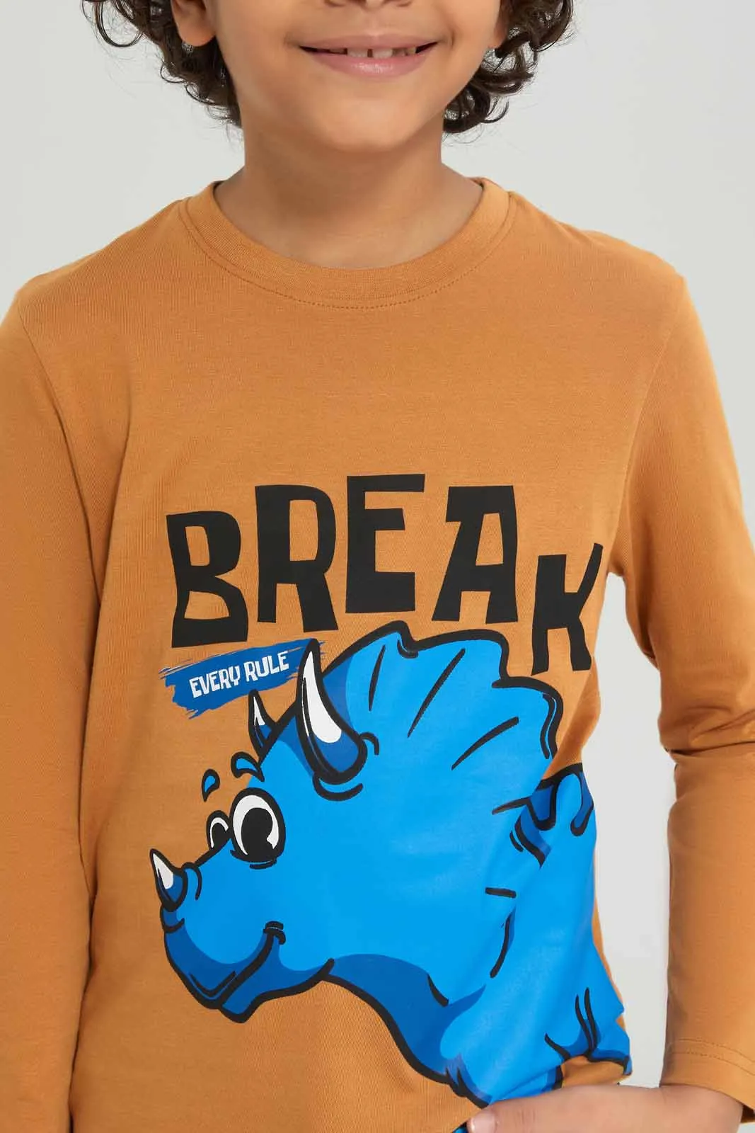 Boys Brown Dino Print Long Sleeves T-Shirt