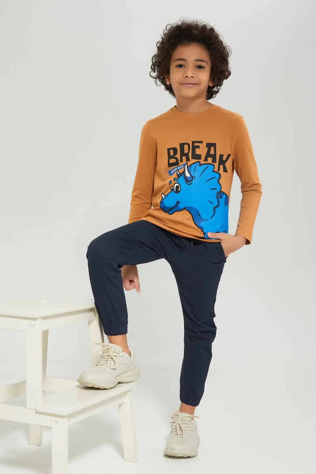 Boys Brown Dino Print Long Sleeves T-Shirt