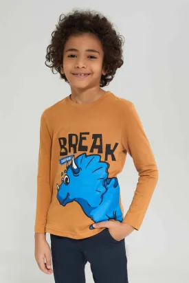 Boys Brown Dino Print Long Sleeves T-Shirt