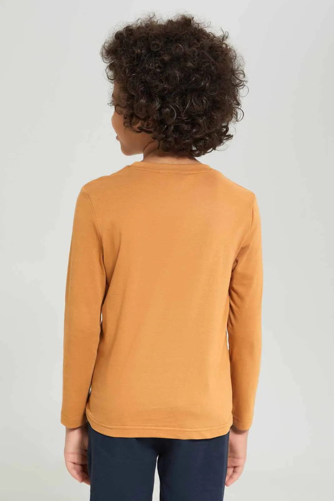 Boys Brown Dino Print Long Sleeves T-Shirt