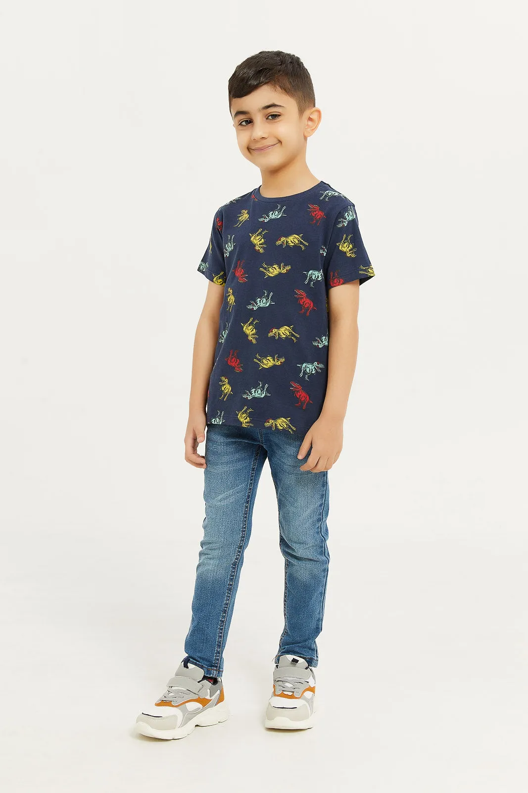 Boys Navy Dino Short Sleeve Printed T-Shirt