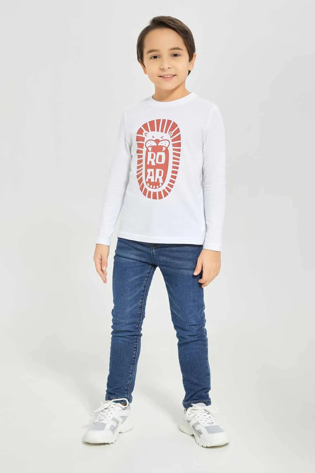 Boys White Lion Print T-Shirt