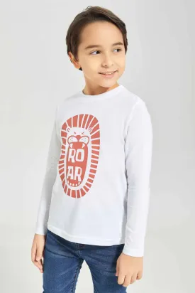 Boys White Lion Print T-Shirt