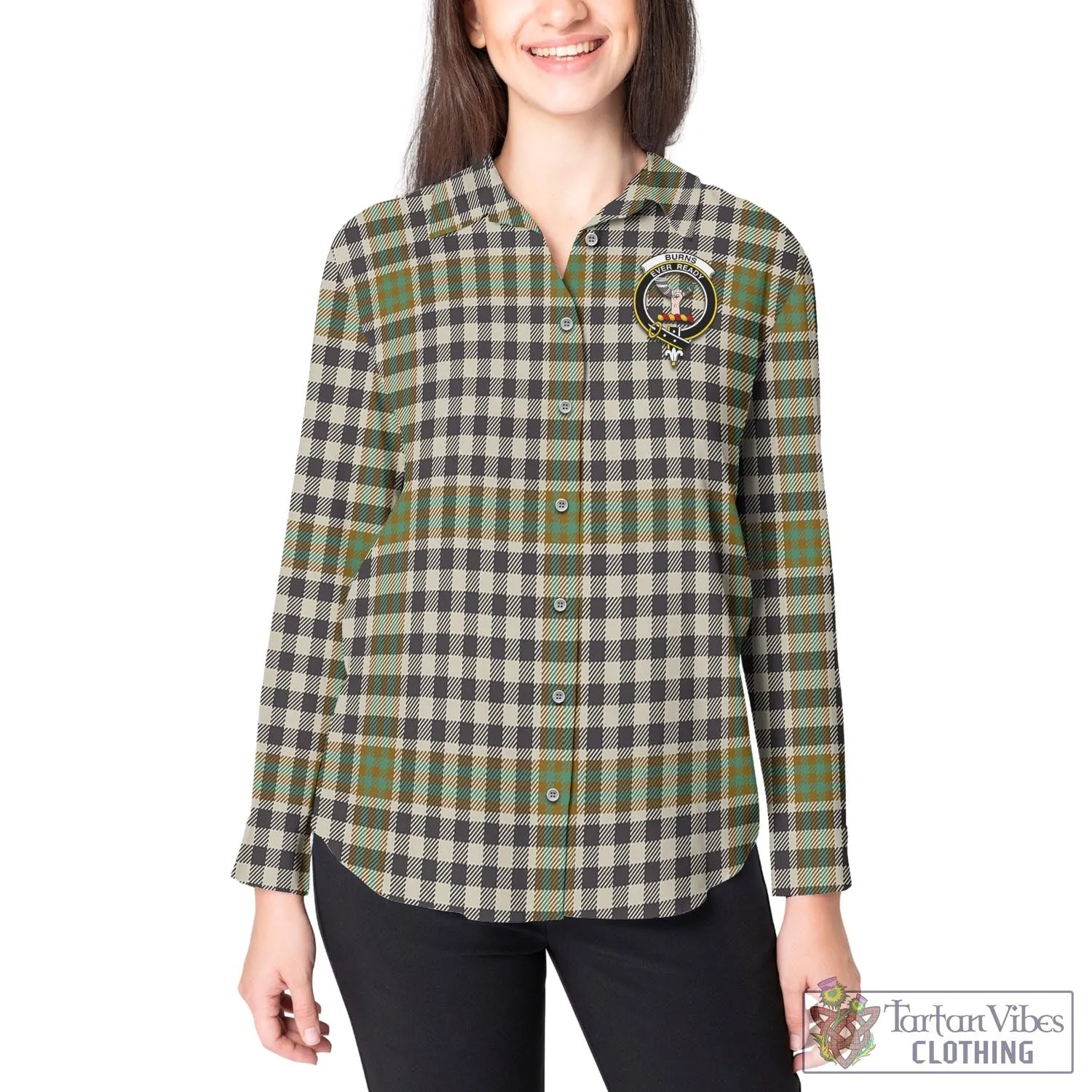 Burns Check Tartan Women's Casual Shirt with Family Crest