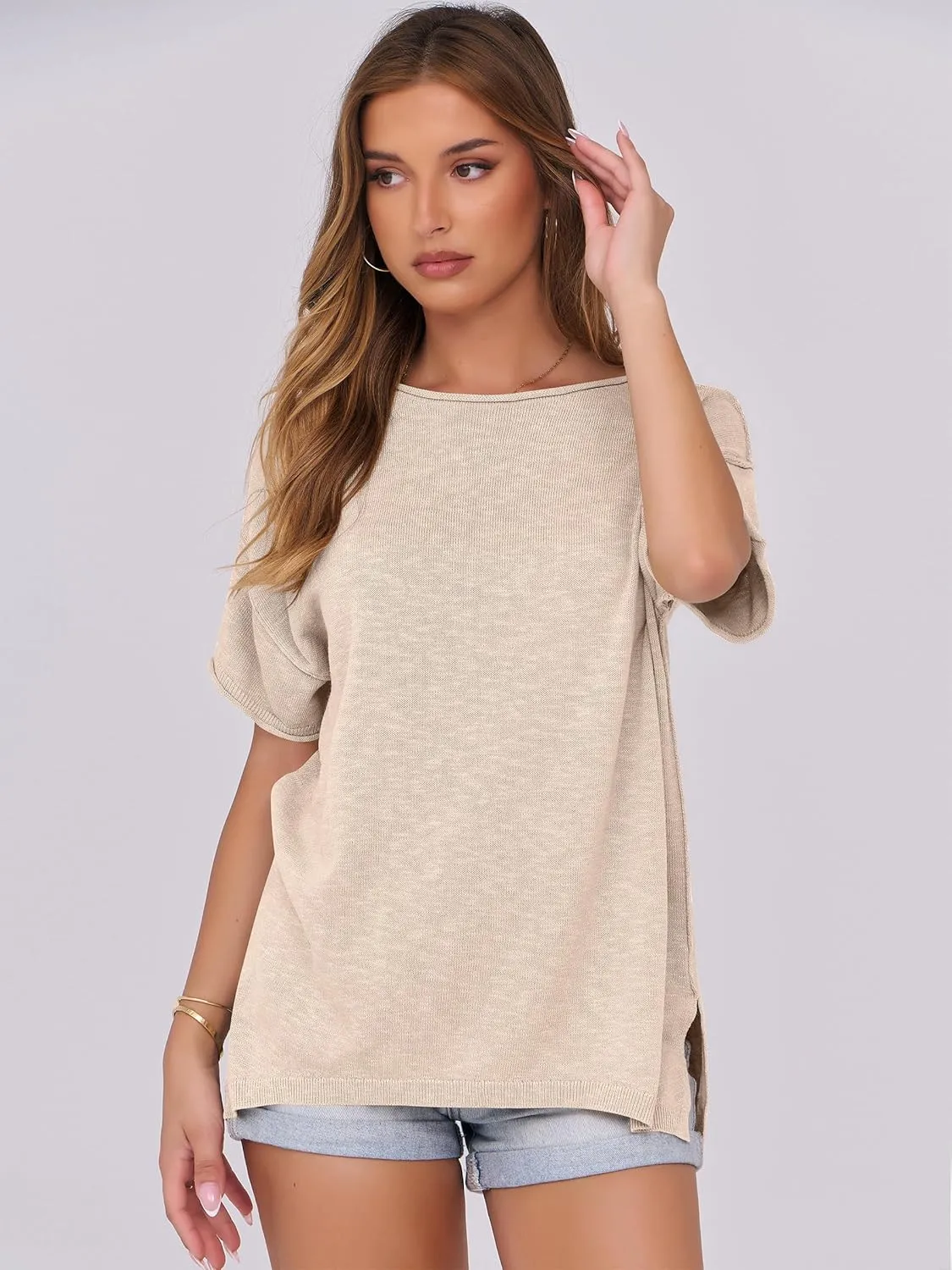 Caracilia Women Summer Lightweight Sweater Top Oversized Short Sleeve Drop Shoulder Seams Outside Casual T-Shirts Trendy 2025