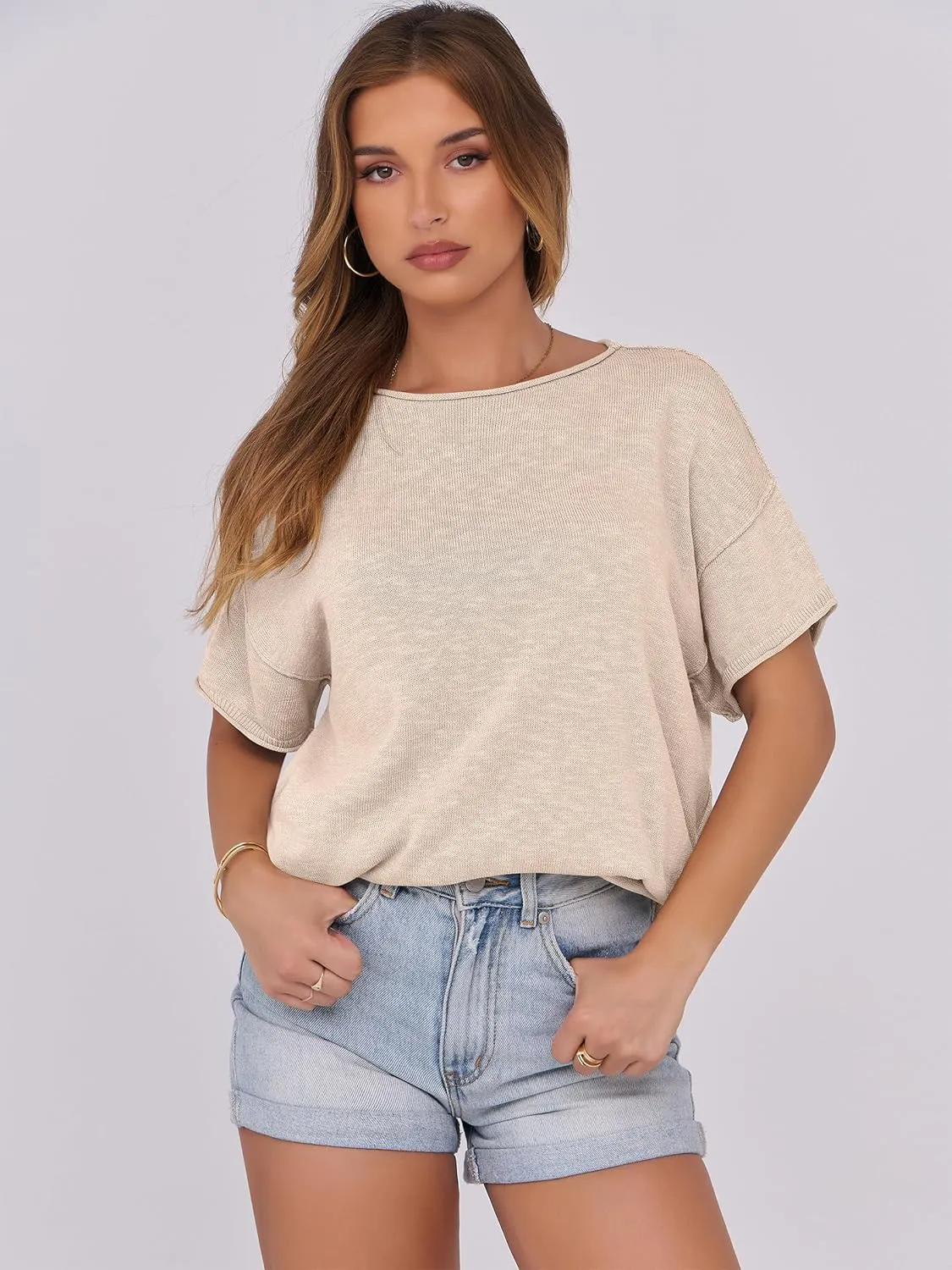 Caracilia Women Summer Lightweight Sweater Top Oversized Short Sleeve Drop Shoulder Seams Outside Casual T-Shirts Trendy 2025