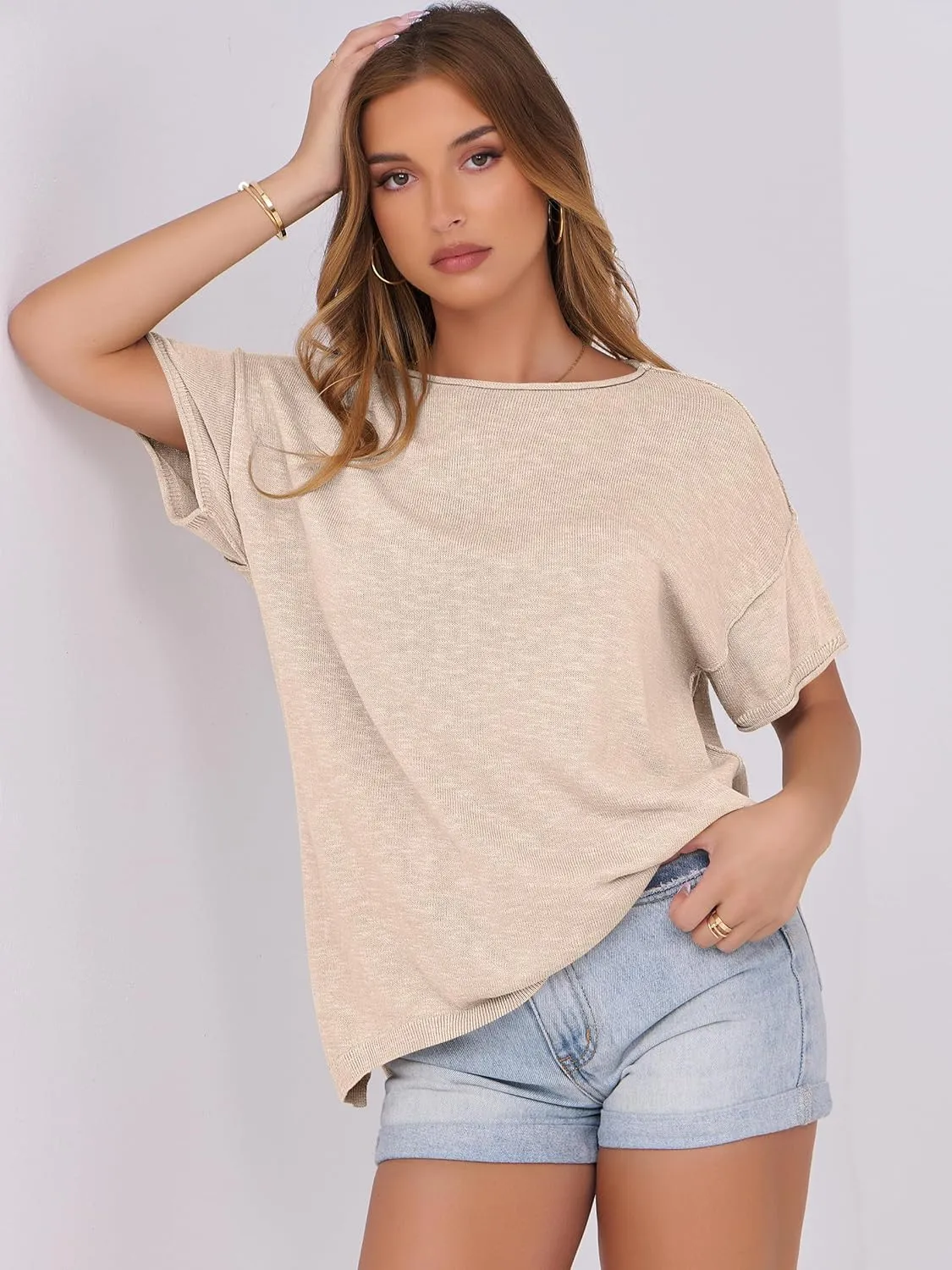 Caracilia Women Summer Lightweight Sweater Top Oversized Short Sleeve Drop Shoulder Seams Outside Casual T-Shirts Trendy 2025