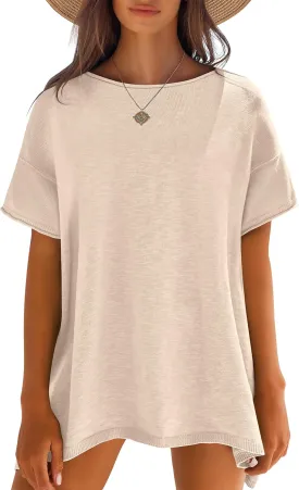 Caracilia Women Summer Lightweight Sweater Top Oversized Short Sleeve Drop Shoulder Seams Outside Casual T-Shirts Trendy 2025