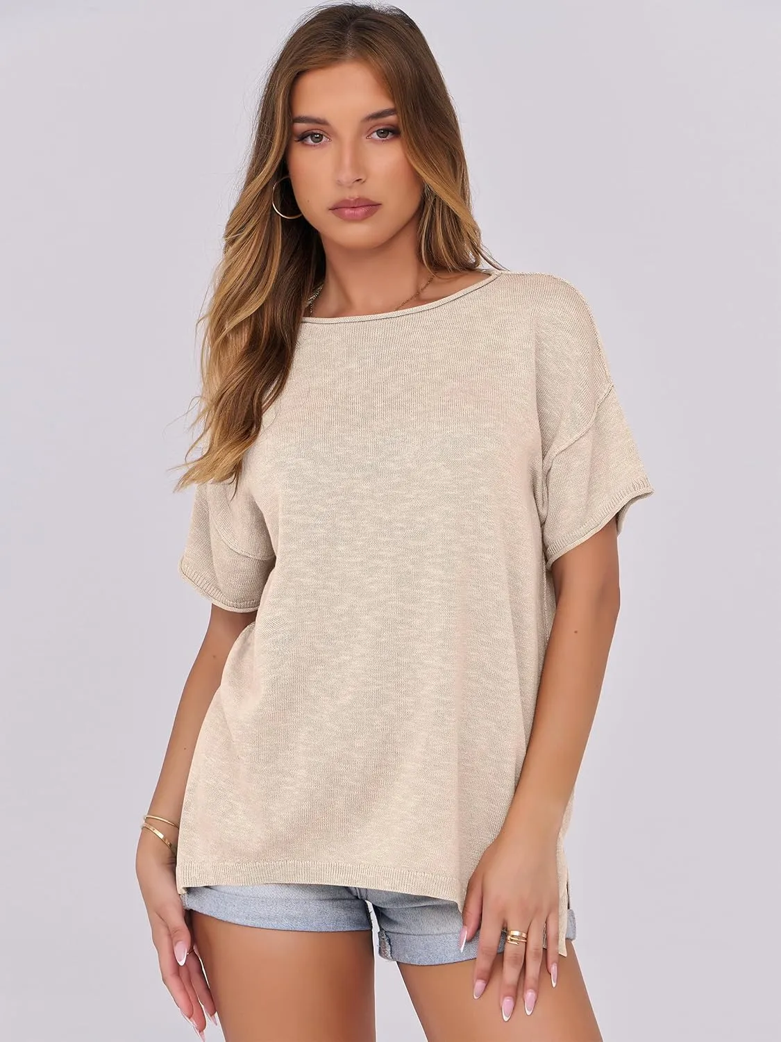 Caracilia Women Summer Lightweight Sweater Top Oversized Short Sleeve Drop Shoulder Seams Outside Casual T-Shirts Trendy 2025