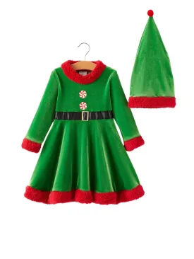 Christmas Green Velvet Girls Dress With Hat
