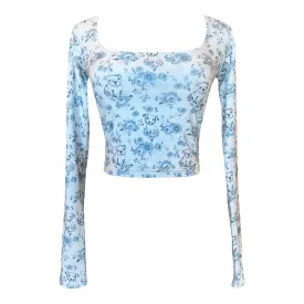 Cloud Haven Long Sleeve Toile Square Neck Tee in Pale Blue
