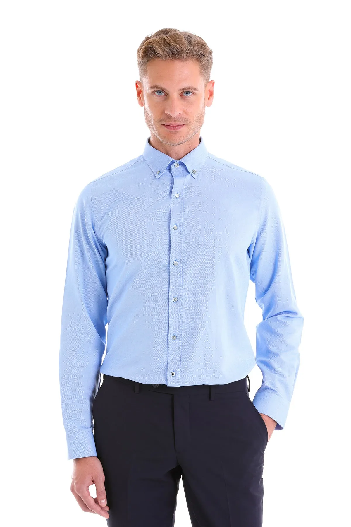 Comfort Fit Button-Down Cotton Blend Blue Casual Shirt