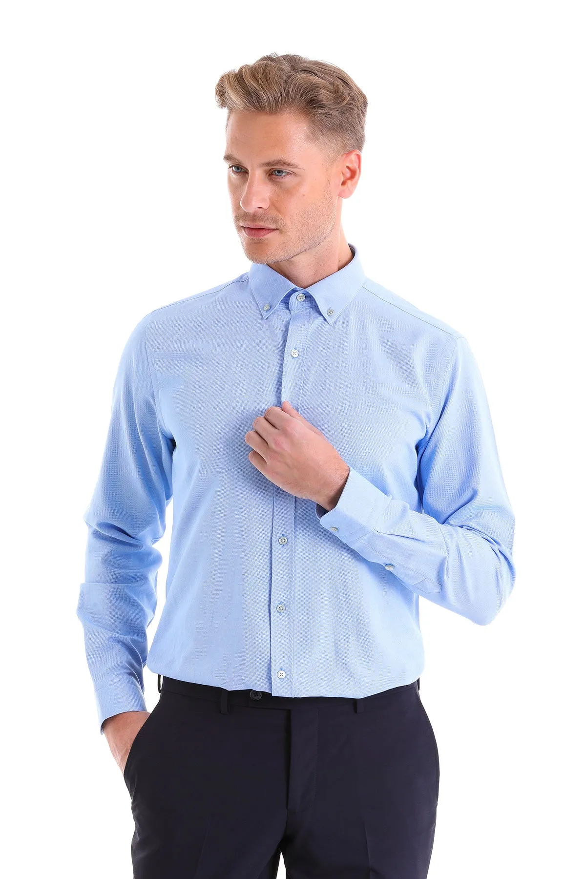 Comfort Fit Button-Down Cotton Blend Blue Casual Shirt