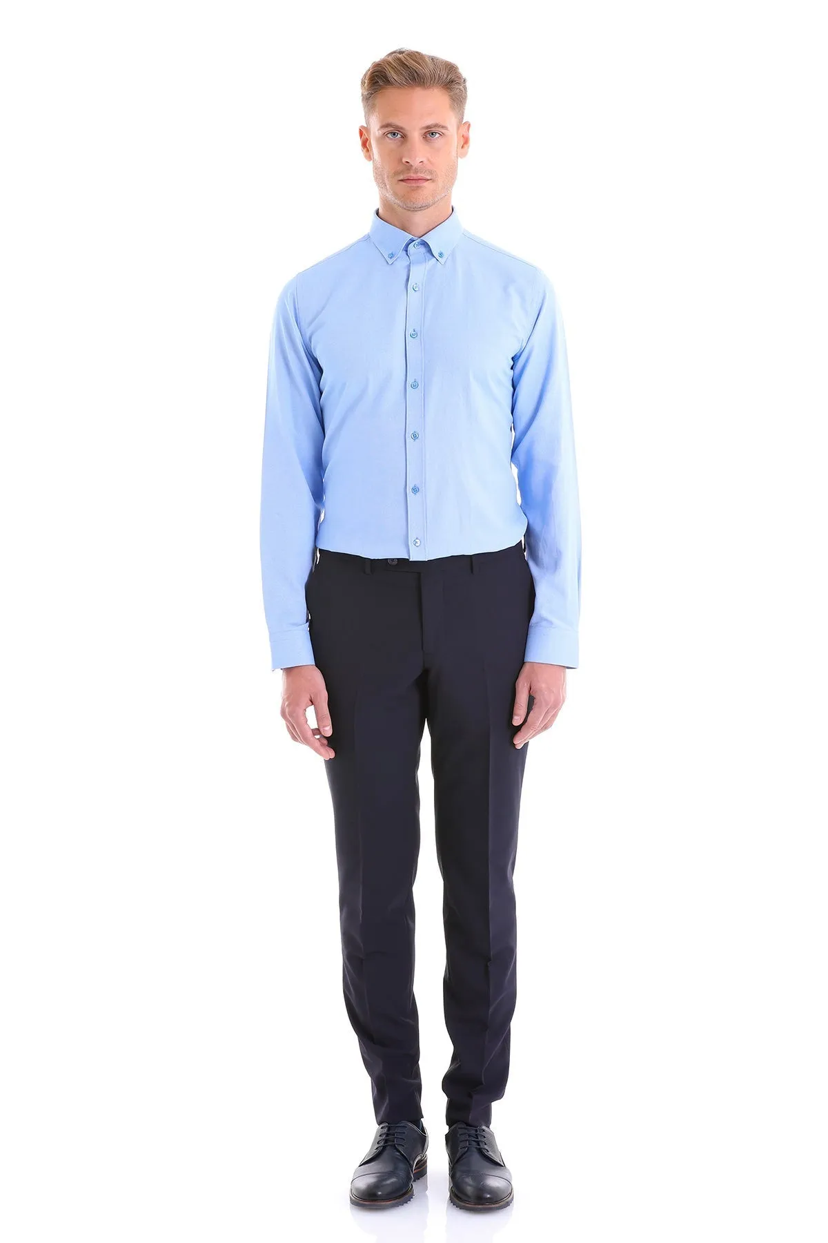 Comfort Fit Button-Down Cotton Blend Blue Casual Shirt
