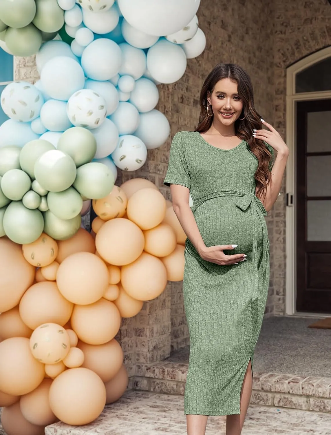 Crewneck Short Sleeve Maternity Dress Rib Knit Photoshoot Baby Shower Dresses Slit Pregnancy Clothes with Belt