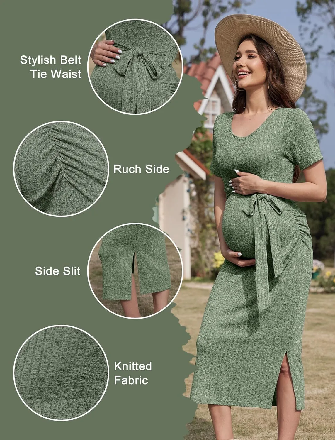 Crewneck Short Sleeve Maternity Dress Rib Knit Photoshoot Baby Shower Dresses Slit Pregnancy Clothes with Belt