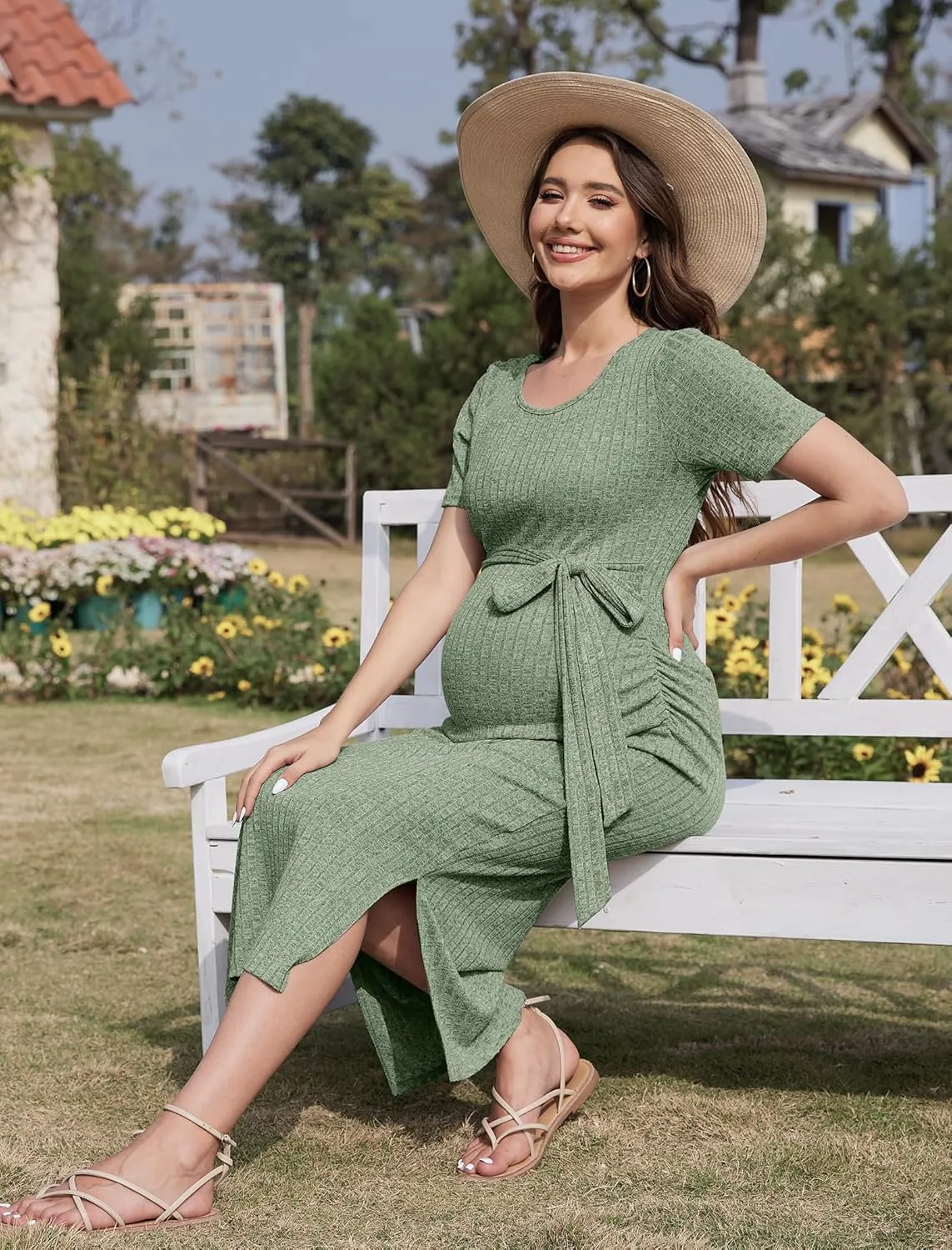 Crewneck Short Sleeve Maternity Dress Rib Knit Photoshoot Baby Shower Dresses Slit Pregnancy Clothes with Belt