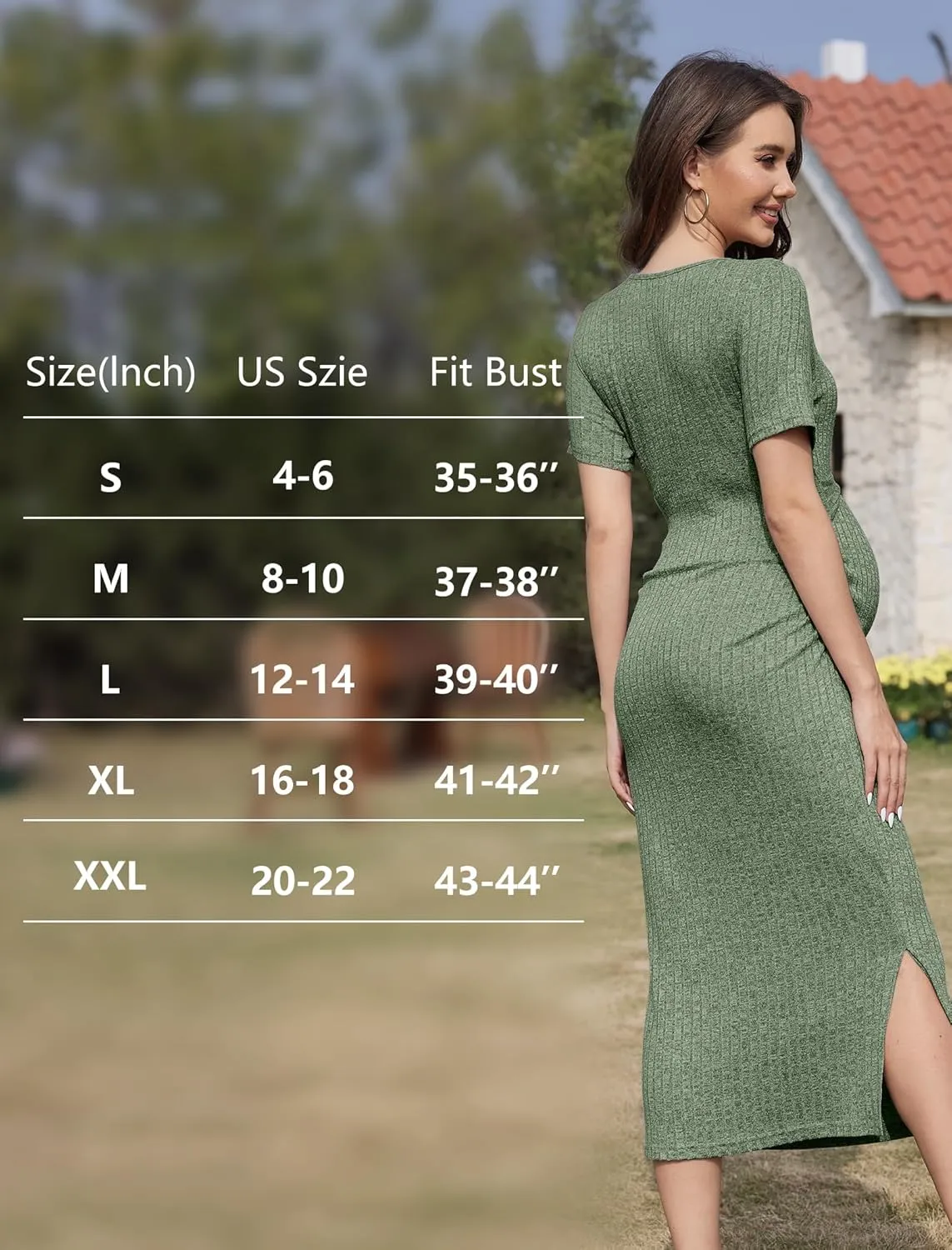 Crewneck Short Sleeve Maternity Dress Rib Knit Photoshoot Baby Shower Dresses Slit Pregnancy Clothes with Belt