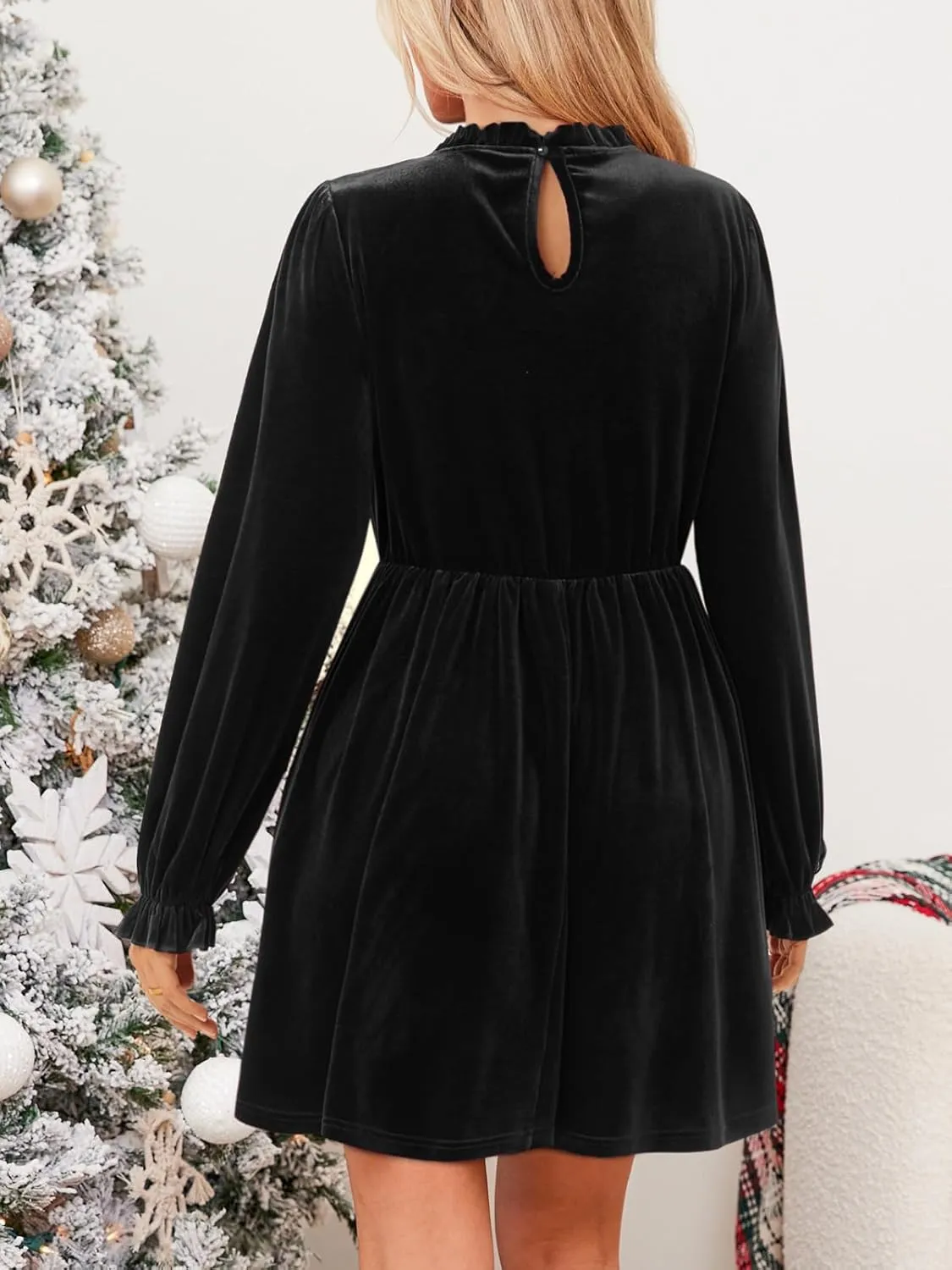 CUPSHE Women's Velvet Dress High Neck Long Sleeve Fall Mini Party Ruffled Wedding Guest Dress