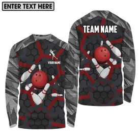 Custom Name Red Ball Bowling Lover 3D Long Sleeve Shirt, Bowling Shirt Gift