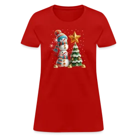 Cute Christmas Funny Snowman Decorating Tree Women's Contoured T-Shirt