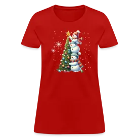 Cute Snowman Decorating Christmas Tree Women's Contoured T-Shirt