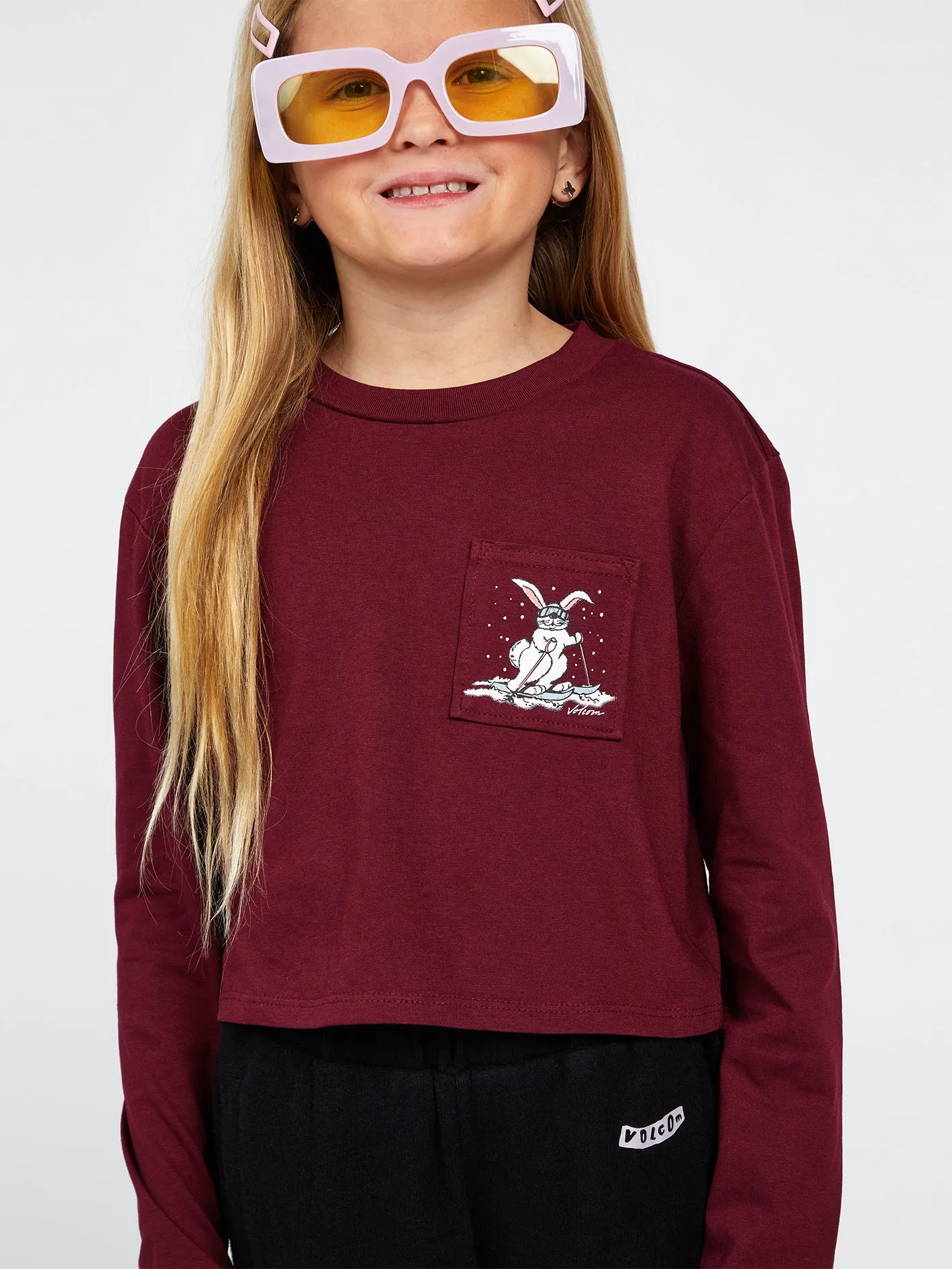 Girls Pocket Dial Long Sleeve Tee - Burgundy