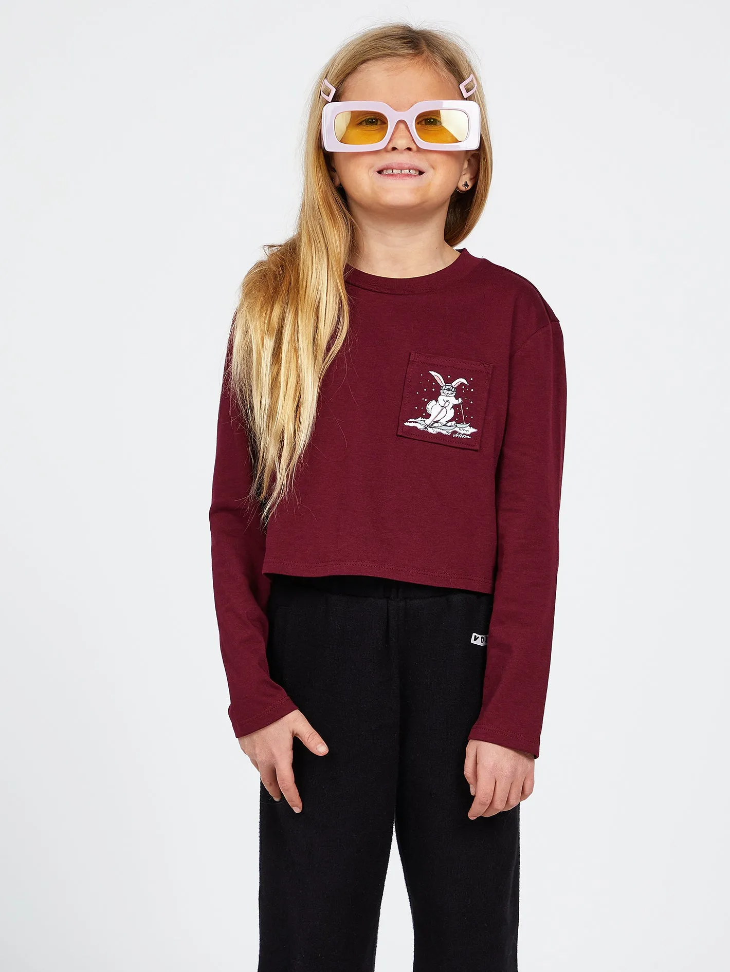 Girls Pocket Dial Long Sleeve Tee - Burgundy