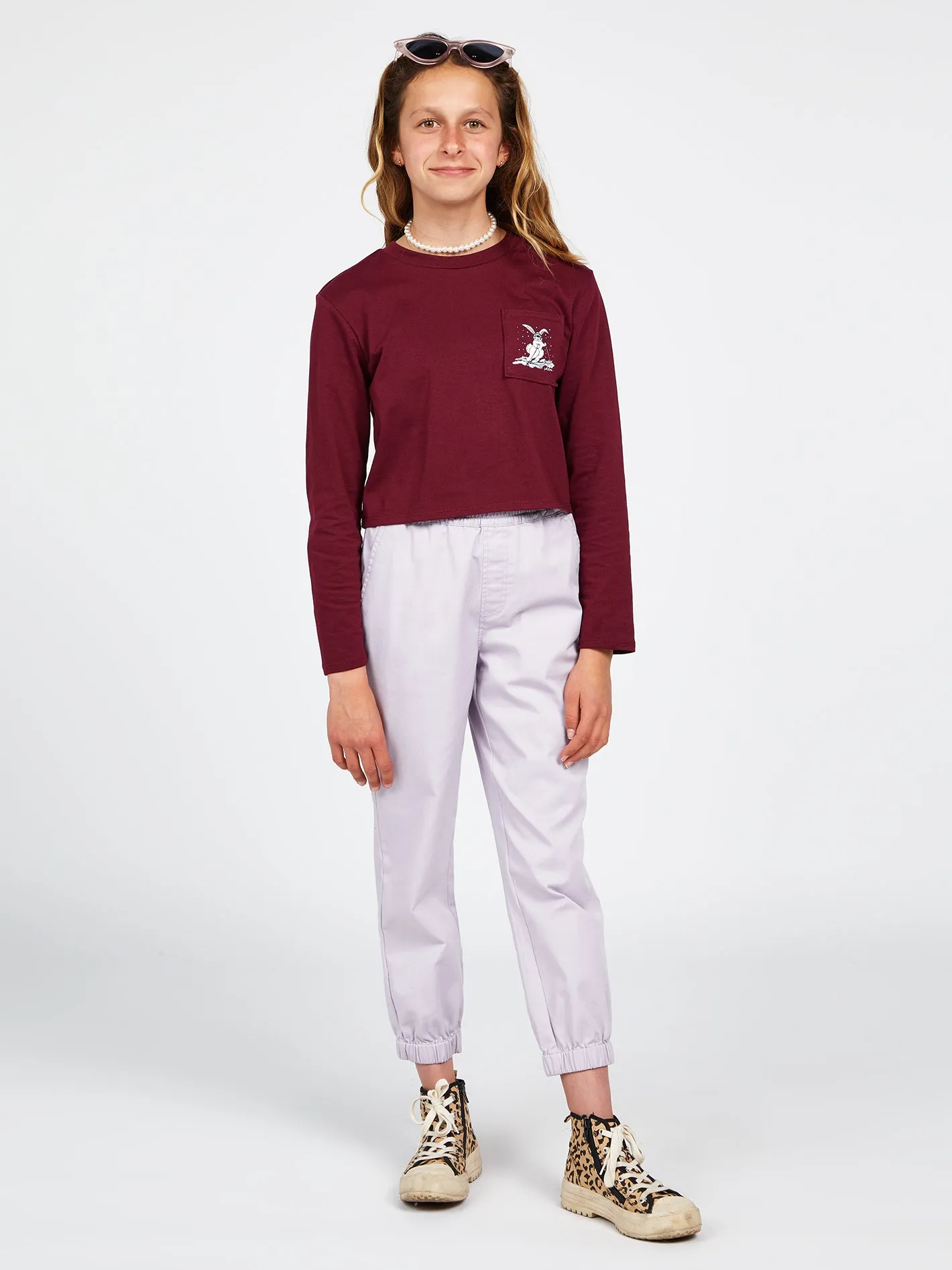 Girls Pocket Dial Long Sleeve Tee - Burgundy